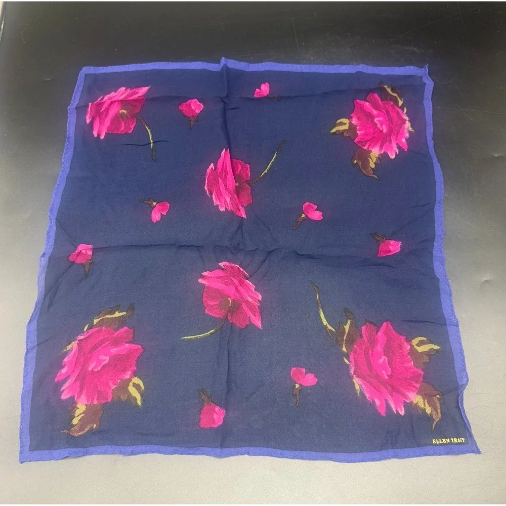 Ellen Tracy Vintage Square Scarf Navy Blue Pink Floral Rose Print Sheer